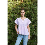 DROP SHOULDER SPLIT NECK STRIPE PEPLUM TOP: CORAL / L