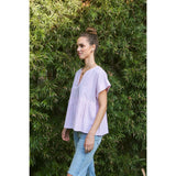DROP SHOULDER SPLIT NECK STRIPE PEPLUM TOP: CORAL / L