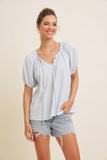 LIGHTWEIGHT STRIPE FLARE PEASANT BLOUSE WITH PUFF SLEEVES: SKY BLUE / S