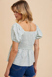 GINGHAM BABYDOLL TOP W/ HOOK & EYE: POWDER BLUE / L