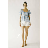 JT6166- TOILE FLORAL PRINT BABY DOLL TOP: WHITE BLUE FLORAL / M