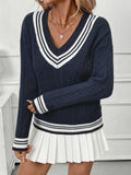 V-Neck Cable Knit Sweater with Contrast Stripes: Navy / L