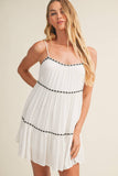 TAPE TRIM WITH SHIRRED TIERED ROMPER DRESS: SNOW WHITE / L