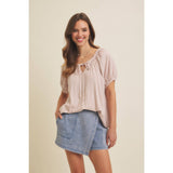 LIGHTWEIGHT STRIPE FLARE PEASANT BLOUSE WITH PUFF SLEEVES: SKY BLUE / M