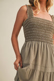 STRIPED SMOCKED-BODICE TIERED DRESS: DENIM / S