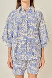 Embroidered Volume Sleeve Shirt: BLUE/CREAM / L