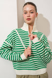 HSW1288 Preppy Californian Half-zip Striped Sweater-Ecru: ECRU / S-M-L (3-2-1)
