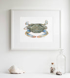Blue Crab Watercolor Art Print, Coastal Decor, Crab Wall Art: 5x7 (8x10 mat)