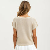 Short Sleeve Textured Knit Top with Crew Neck Ribbed Trim and Relaxed Fit: Light Beige / Small 4-6