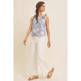 ROMANTIC EMBROIDERY BLOUSE TOP WITH BOW STRAPS: DUSTY BLUE / S