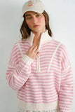 HSW1288 Preppy Californian Half-zip Striped Sweater-Ecru: ECRU / S-M-L (3-2-1)