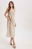 STRIPED SELF SHOULDER TIE MIDI DRESS / WL25-11446: BLUE/WHITE / S