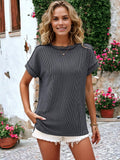 Striped Textured Round Neck Short Sleeve T-Shirt: White / XL 16-18