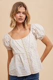 GINGHAM BABYDOLL TOP W/ HOOK & EYE: POWDER BLUE / S