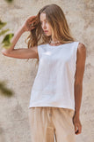 Minimalist Keyhole Back Linen Sleeveless Top: WHITE / S-M-L:2-2-2