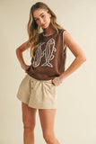 IT4194 FISH PRINTED SLEEVELESS SWEATER TOP: CREAM/BLUE / S