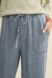 Drawstring Waist Patch Pocket Wide Leg Pants: WASHED DENIM / M