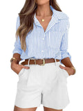Vertical Stripe Button-Up Shirt with Rolled Sleeves: Khaki / L