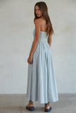 L6998 | Striped Tube Neck Strapless Flare Maxi Dress: Dusty Blue / S