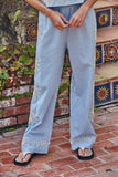 L9640B | Woven Linen Cotton Embroidered Wide Leg Pants: Lavender Blue / S