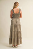 STRIPED SMOCKED-BODICE TIERED DRESS: DENIM / L