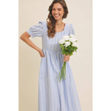 EMBROIDERED GINGHAM MIDI DRESS WITH PUFF SLEEVES: POWDER BLUE / S