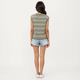 Sleeveless Striped Knit Top with Shoulder Button Detail and Relaxed Fit: Black / Large 12-14