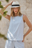 Minimalist Keyhole Back Linen Sleeveless Top: WHITE / S-M-L:2-2-2