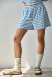 L8797B | Knit Cotton Striped Elastic Waist Shorts: Navy White / L