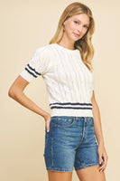 STRIPE DETAILED CABLE SWEATER - 5991W: OFF WHITE/NAVY / L