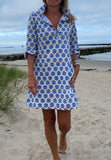 Sconset Block Print 3/4 Sleeve Dress (Blue): Sconset Blue / XLarge