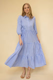 Striped Poplin Collared ¾ Sleeve Tiered Button Up Maxi Dress: Lt. Blue Stripes / L