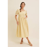 EMBROIDERED GINGHAM MIDI DRESS WITH PUFF SLEEVES: POWDER BLUE / S