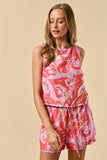 ILS4569-1 Print Sleeveless Top with Matching Shorts Set: CORAL-LAVENDER / L
