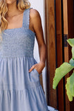 STRIPED SMOCKED-BODICE TIERED DRESS: DENIM / L