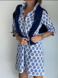 Sconset Block Print 3/4 Sleeve Dress (Blue): Sconset Blue / XLarge