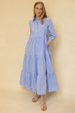 Striped Poplin Collared ¾ Sleeve Tiered Button Up Maxi Dress: Lt. Blue Stripes / XS