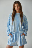 L8797T | Knit Cotton Striped Mock Neck Long Sleeve : Blue White / M