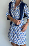 Sconset Block Print 3/4 Sleeve Dress (Blue): Sconset Blue / XS