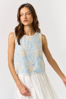 ILT5634 Sleeveless Floral Embroidered Top: LT BLUE / LARGE