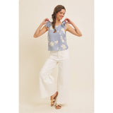 ROMANTIC EMBROIDERY BLOUSE TOP WITH BOW STRAPS: DUSTY BLUE / S
