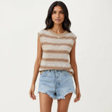 Sleeveless Striped Knit Top with Shoulder Button Detail and Relaxed Fit: Black / Small 4-6
