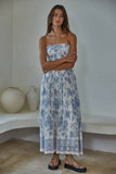 L9240 | Woven Cotton Rayon Floral Smocked Strapless Midi: Ivory Blue / L