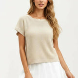 Short Sleeve Textured Knit Top with Crew Neck Ribbed Trim and Relaxed Fit: Light Beige / XL 16-18