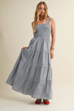 STRIPED SMOCKED-BODICE TIERED DRESS: DENIM / M