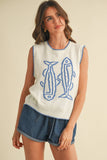 IT4194 FISH PRINTED SLEEVELESS SWEATER TOP: CREAM/BLUE / M