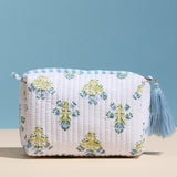Light Blue Quilted Floral Cosmetic Pouch – Zipper Makeup Bag with Tassel: LBL / ONE