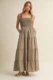 STRIPED SMOCKED-BODICE TIERED DRESS: DENIM / M