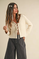 J4721   LONG SLEEVE KNITTED TIE FRONT CARDIGAN: Beige / L