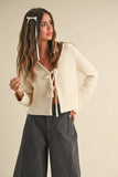 J4721   LONG SLEEVE KNITTED TIE FRONT CARDIGAN: Beige / M